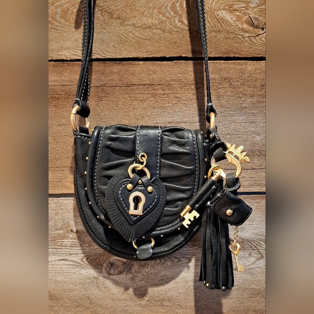 Juicy Couture Black Leather Mini Crossbody Bag with Gold Juicy Crown Key, Lock